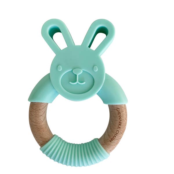 bunny silicone & wood teether ring - mint - Blush Bebes 