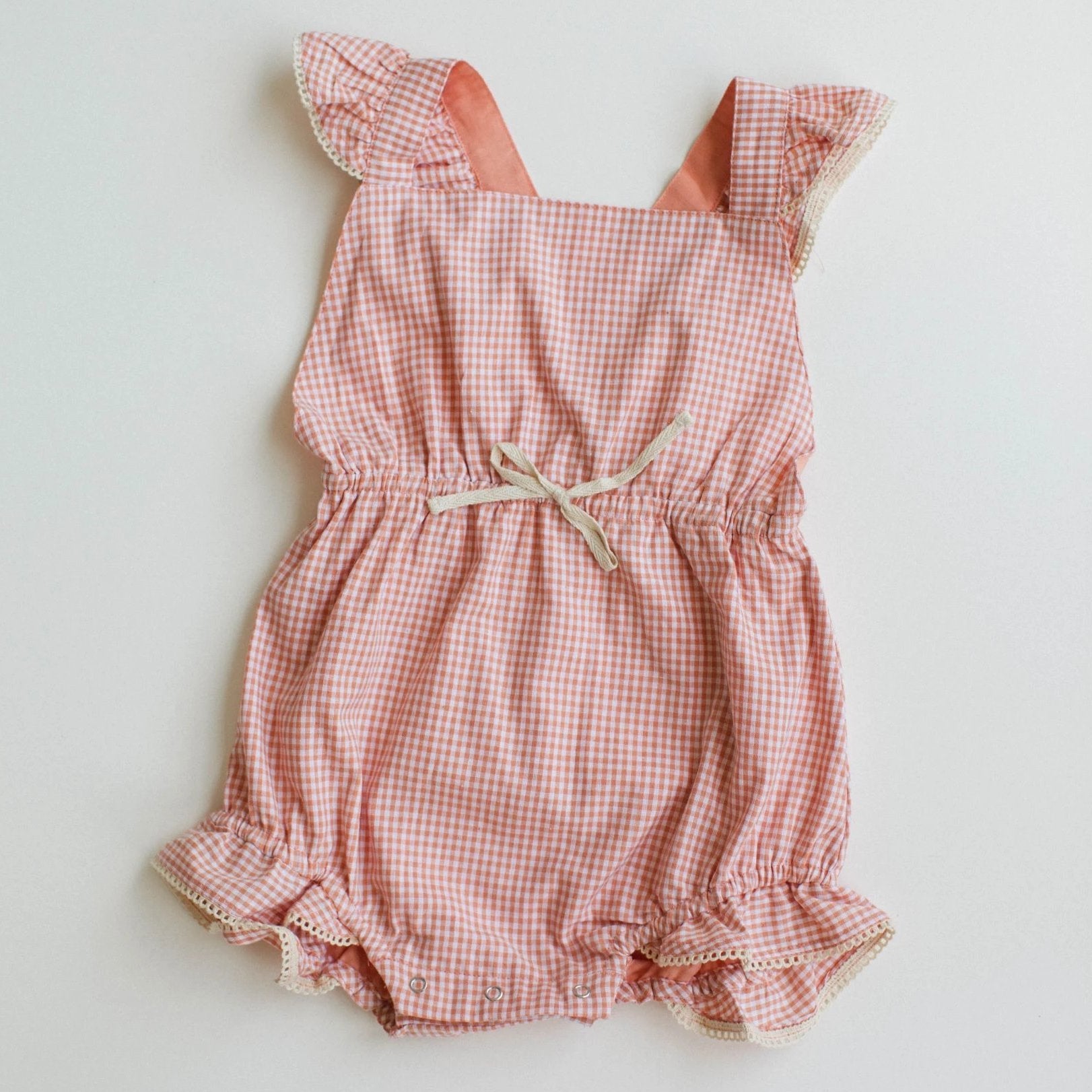 poppy romper - peach chex - Blush Bebes 